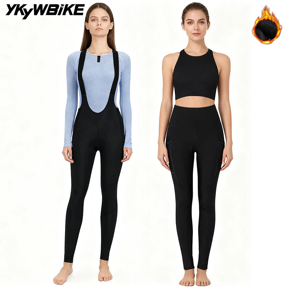 YKYWBIKE Woman Winter Cycling Bib Tights Thermal Warmth Fleeced Female Road Bike Bib Long Pants Riding Bicycle Clothing