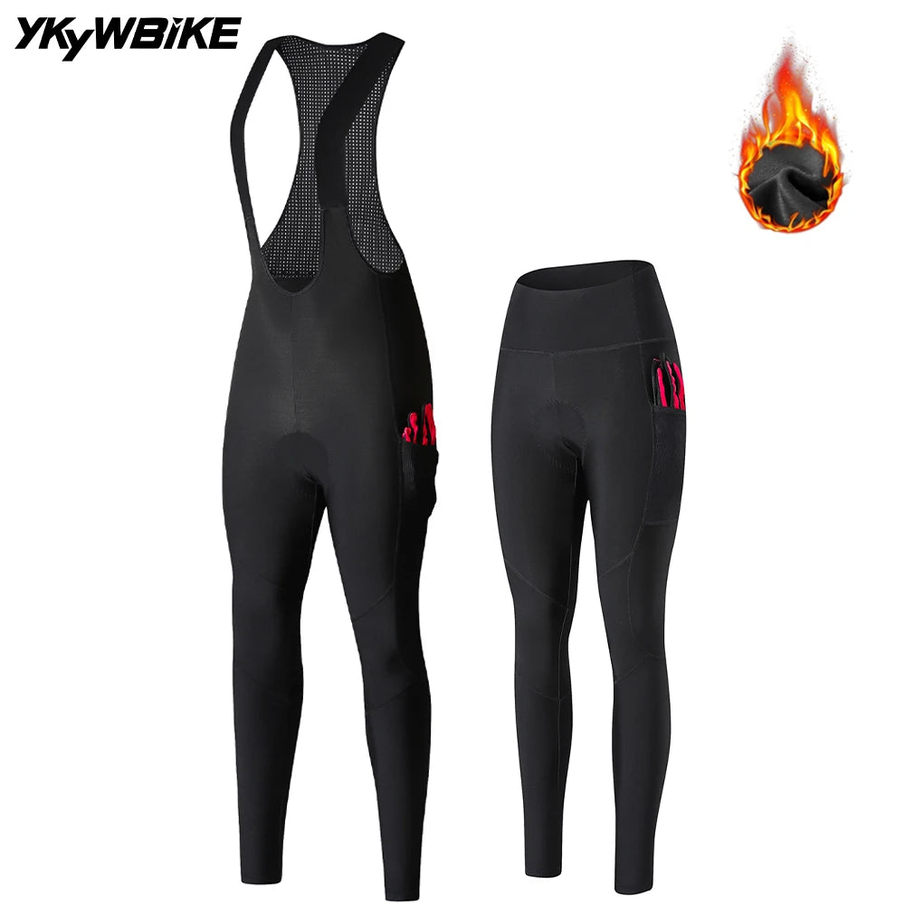 YKYWBIKE Woman Winter Cycling Bib Tights Thermal Warmth Fleeced Female Road Bike Bib Long Pants Riding Bicycle Clothing